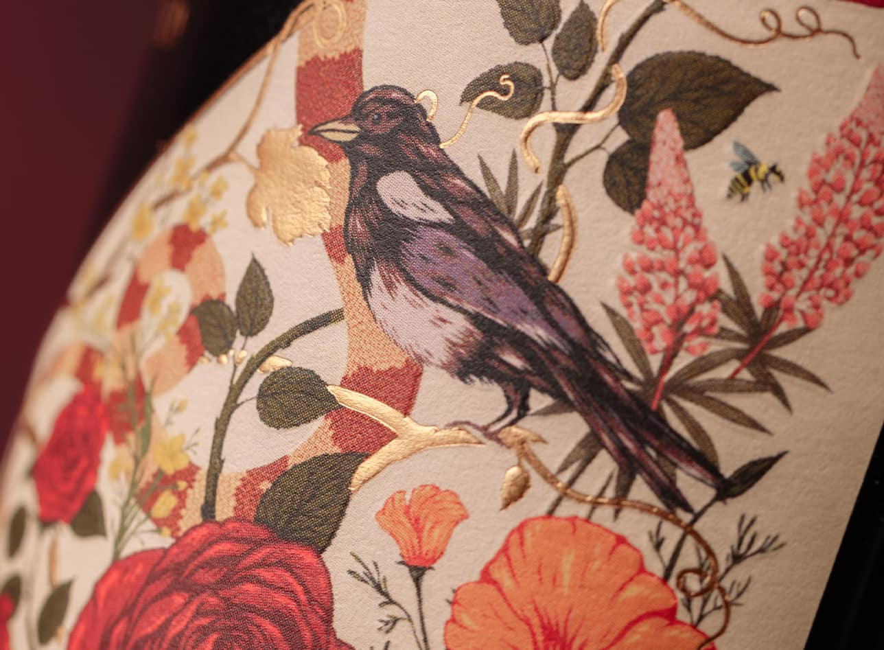 Detailed wine label illustration featuring raven, created for Tapestry Wines packaging