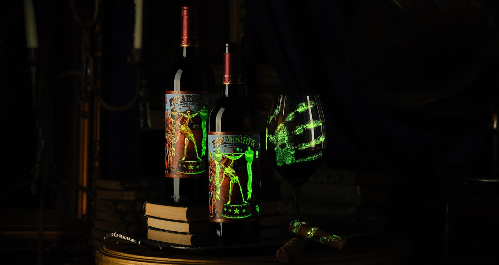 Glow-in-the-dark wine packaging close-up