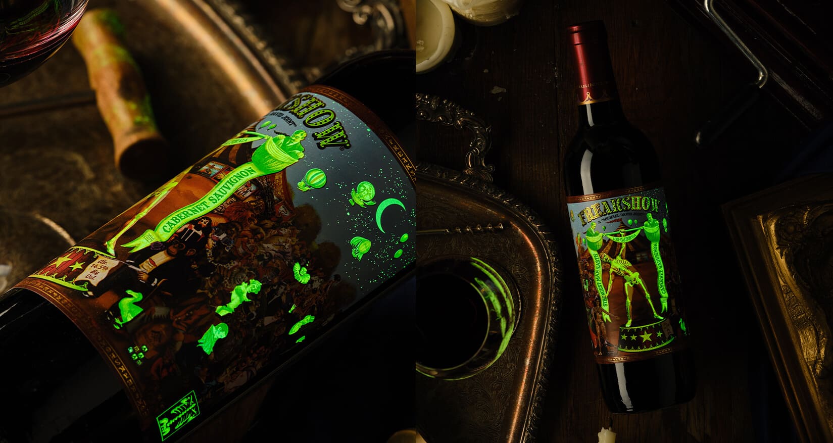 Glow-in-the-dark wine packaging close-up