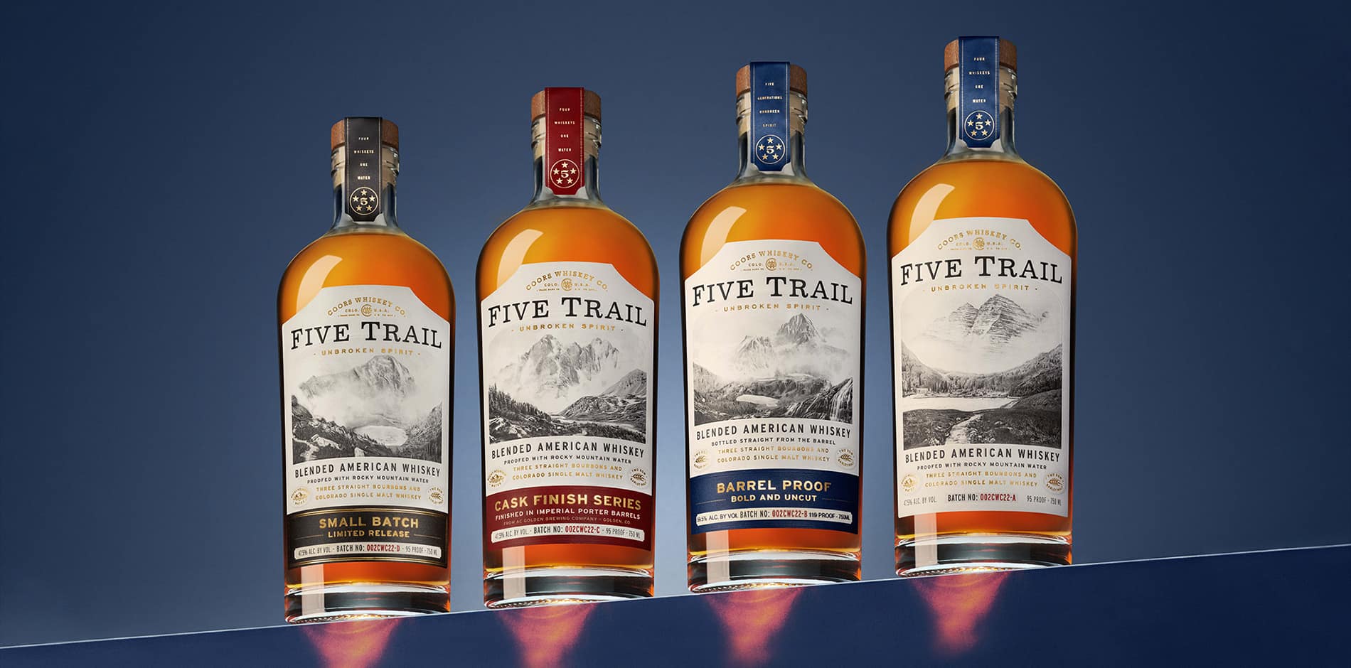Five Trail Whiskey bottle with premium brand marketing design