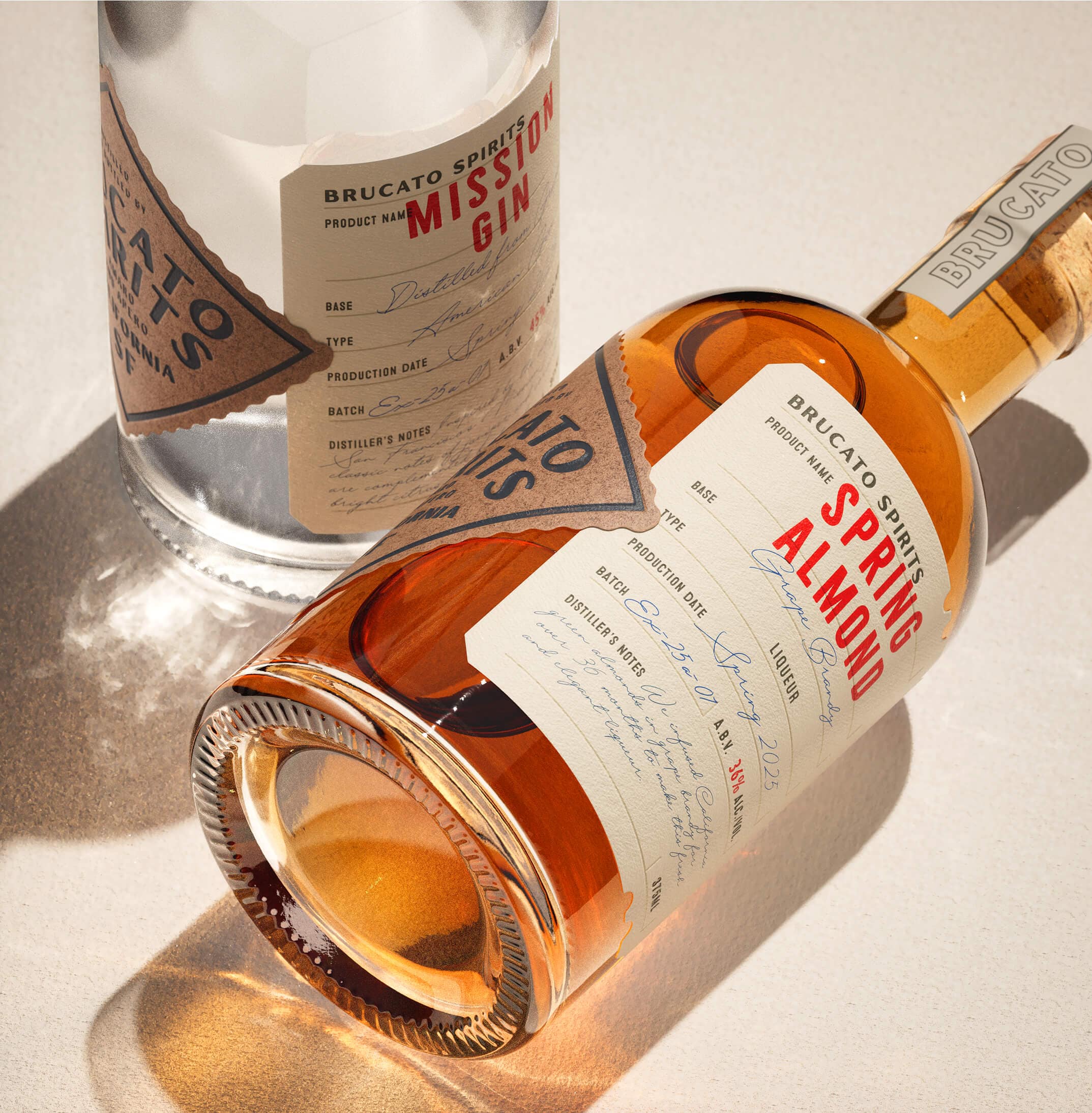 Brucato Spirits packaging design with travel-inspired wrap labels