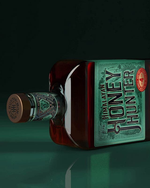 Honey Hunter Rum bottle showcasing Nepal-inspired rum packaging design