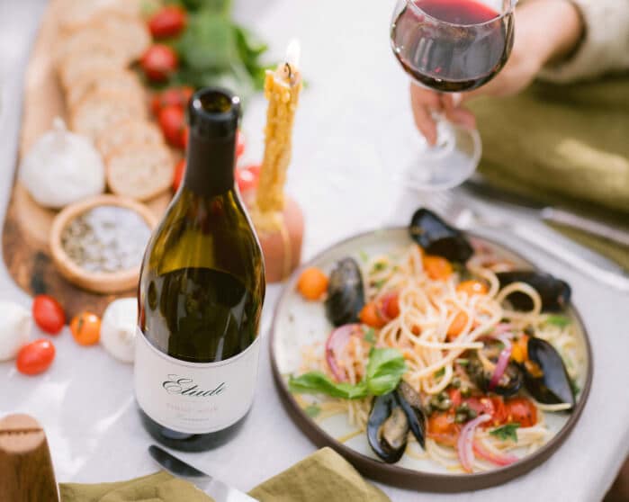 Etude finished meal linguine and mussels with bottle