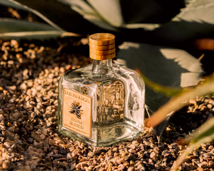 bottle Los arango tequila blanco near agave plant
