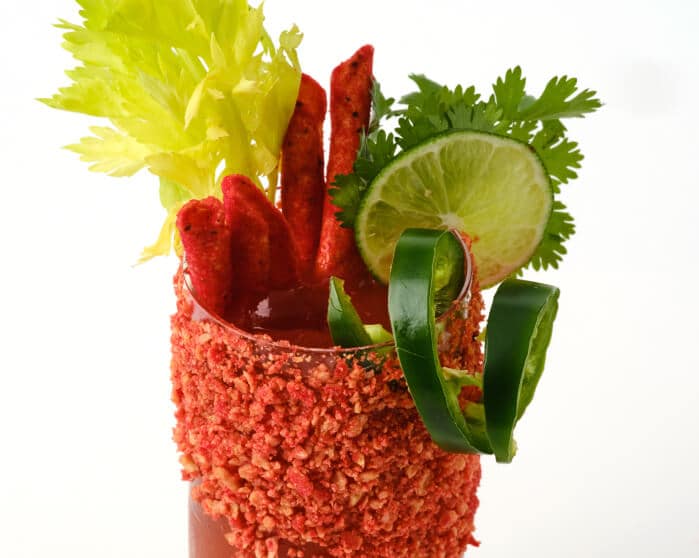 seagrams bloody mary cocktail with spicy taki rimmed glass